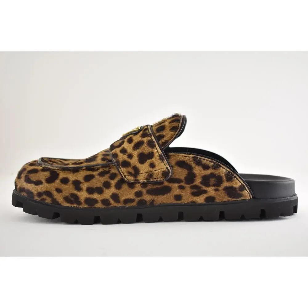 Prada Leopard Pony Fur Fussbett Gold Logo Loafer Slip On Slide Mule Flat 37